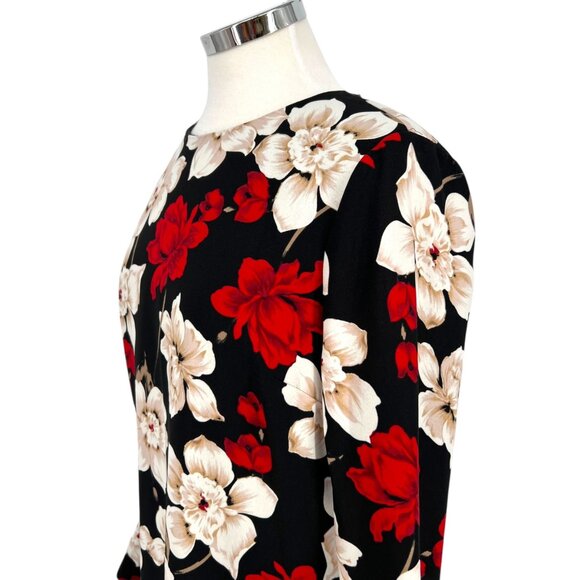CeCe Floral Long Sleeve Shift Dress Bell Cuff Sleeve Black Red White Size 6 - Picture 5 of 11